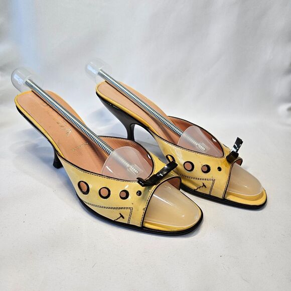 Vintage Prada Patent Leather Peep Toe Mule Heels Size 38 Yellow Bow Dressy Italy - Picture 1 of 16